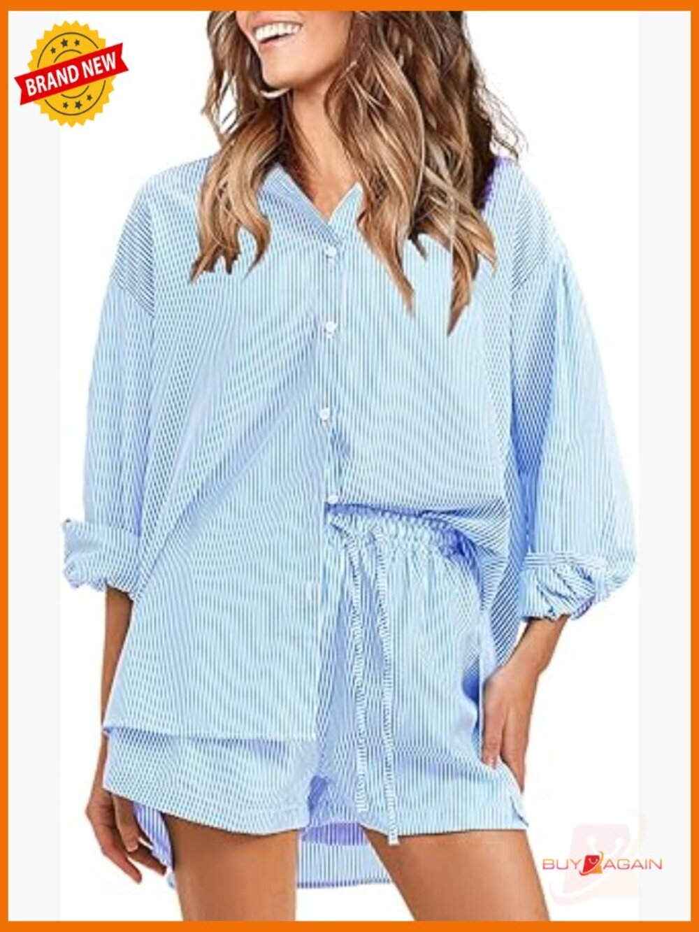 Women's Cotton Two Piece Set - Long Sleeve Button Down Shirt & Shorts -